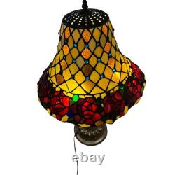 Vintage Tiffany Style Blue Glass Jewels And Roses Stained Glass 26.5 Tall Lamp