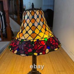 Vintage Tiffany Style Blue Glass Jewels And Roses Stained Glass 26.5 Tall Lamp