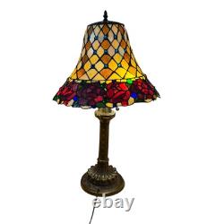 Vintage Tiffany Style Blue Glass Jewels And Roses Stained Glass 26.5 Tall Lamp