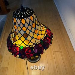 Vintage Tiffany Style Blue Glass Jewels And Roses Stained Glass 26.5 Tall Lamp