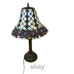 Vintage Tiffany Style Blue Glass Jewels And Roses Stained Glass 26.5 Tall Lamp