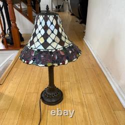 Vintage Tiffany Style Blue Glass Jewels And Roses Stained Glass 26.5 Tall Lamp