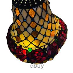 Vintage Tiffany Style Blue Glass Jewels And Roses Stained Glass 26.5 Tall Lamp