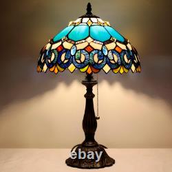 Vintage Tiffany Style Blue Jewelry Baroque Stained Glass Table Lamp 19 Inch