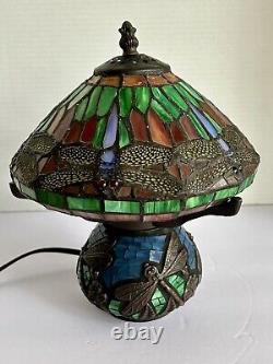 Vintage Tiffany Style Dragonfly Table Accent Lamp Stained Glass 11 H x 8 D