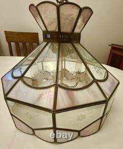 Vintage Tiffany Style Hanging Lamp Iridescent Pink Stained Glass Floral Accents