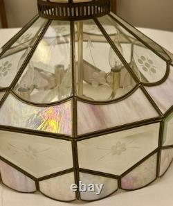 Vintage Tiffany Style Hanging Lamp Iridescent Pink Stained Glass Floral Accents