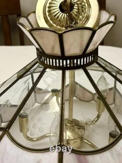 Vintage Tiffany Style Hanging Lamp Iridescent Pink Stained Glass Floral Accents