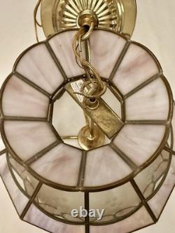 Vintage Tiffany Style Hanging Lamp Iridescent Pink Stained Glass Floral Accents