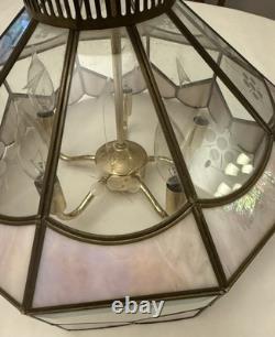 Vintage Tiffany Style Hanging Lamp Iridescent Pink Stained Glass Floral Accents