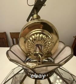 Vintage Tiffany Style Hanging Lamp Iridescent Pink Stained Glass Floral Accents