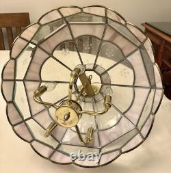 Vintage Tiffany Style Hanging Lamp Iridescent Pink Stained Glass Floral Accents