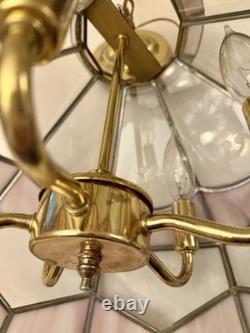 Vintage Tiffany Style Hanging Lamp Iridescent Pink Stained Glass Floral Accents