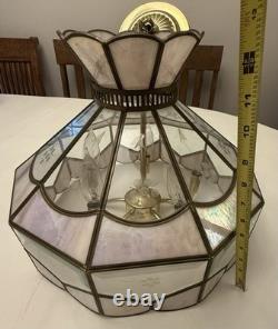 Vintage Tiffany Style Hanging Lamp Iridescent Pink Stained Glass Floral Accents