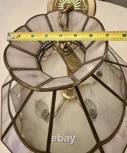 Vintage Tiffany Style Hanging Lamp Iridescent Pink Stained Glass Floral Accents