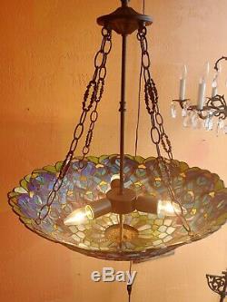 Vintage Tiffany Style Hanging Stained Glass Peacock motif Ceiling Light Lamp