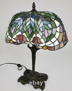 Vintage Tiffany Style Lamp Stained Glass Tulip Design Jeweled Art Nouveau 21