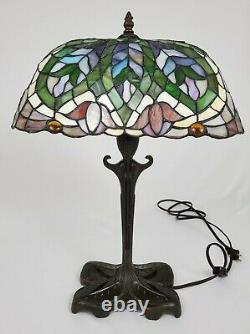 Vintage Tiffany Style Lamp Stained Glass Tulip Design Jeweled Art Nouveau 21