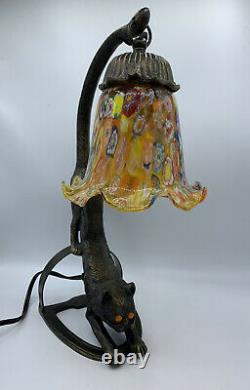Vintage Tiffany Style Metal/Stained Glass Stretching Cat Table Lamp