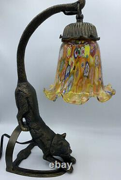 Vintage Tiffany Style Metal/Stained Glass Stretching Cat Table Lamp