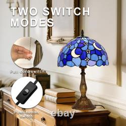 Vintage Tiffany Style Moon Blue Stained Glass Table Lamp Bedside Reading Light