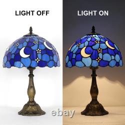 Vintage Tiffany Style Moon Blue Stained Glass Table Lamp Bedside Reading Light