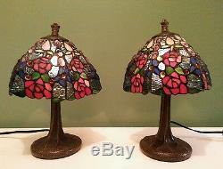 Vintage Tiffany Style Stained Glass Accent Lamp Pair