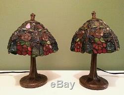 Vintage Tiffany Style Stained Glass Accent Lamp Pair