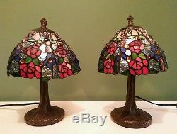 Vintage Tiffany Style Stained Glass Accent Lamp Pair
