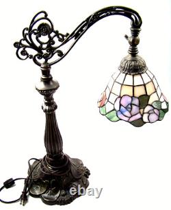 Vintage Tiffany Style Stained Glass Bridge Arm Table Desk Reading Art Deco Lamp