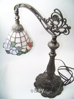 Vintage Tiffany Style Stained Glass Bridge Arm Table Desk Reading Art Deco Lamp