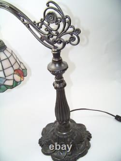 Vintage Tiffany Style Stained Glass Bridge Arm Table Desk Reading Art Deco Lamp