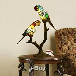 Vintage Tiffany Style Stained Glass Double Parrots Big Table Lamp Desk Light