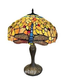 Vintage Tiffany Style Stained Glass Dragonfly Table Lamp 22 x 17 in Working