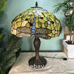Vintage Tiffany Style Stained Glass Dragonfly Table Lamp 22 x 17 in Working