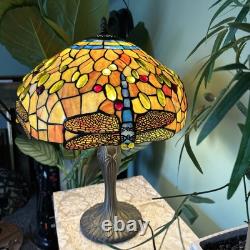 Vintage Tiffany Style Stained Glass Dragonfly Table Lamp 22 x 17 in Working