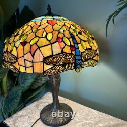 Vintage Tiffany Style Stained Glass Dragonfly Table Lamp 22 x 17 in Working