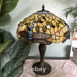 Vintage Tiffany Style Stained Glass Dragonfly Table Lamp 22 x 17 in Working