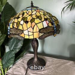 Vintage Tiffany Style Stained Glass Dragonfly Table Lamp 22 x 17 in Working