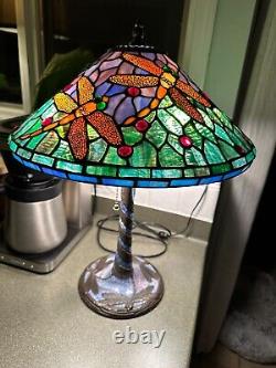 Vintage Tiffany Style Stained Glass Dragonfly Table Lamp With Blue Mosaic 22