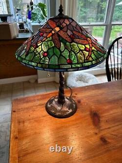 Vintage Tiffany Style Stained Glass Dragonfly Table Lamp With Blue Mosaic 22