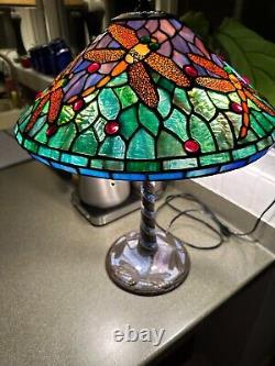 Vintage Tiffany Style Stained Glass Dragonfly Table Lamp With Blue Mosaic 22