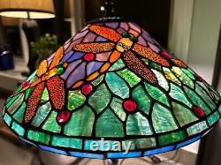 Vintage Tiffany Style Stained Glass Dragonfly Table Lamp With Blue Mosaic 22