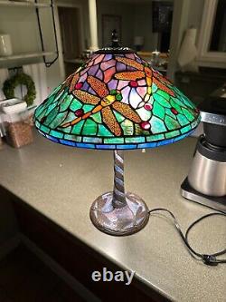 Vintage Tiffany Style Stained Glass Dragonfly Table Lamp With Blue Mosaic 22