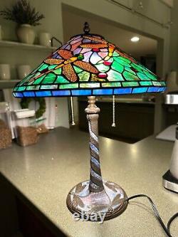 Vintage Tiffany Style Stained Glass Dragonfly Table Lamp With Blue Mosaic 22