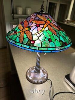 Vintage Tiffany Style Stained Glass Dragonfly Table Lamp With Blue Mosaic 22