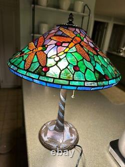 Vintage Tiffany Style Stained Glass Dragonfly Table Lamp With Blue Mosaic 22