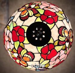 Vintage Tiffany Style Stained Glass Floral And butterfly Motif Table Lamp RARE