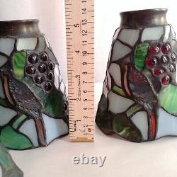 Vintage Tiffany Style Stained Glass Lamp Shades Bird Blue Jay Grapes Set Of 3