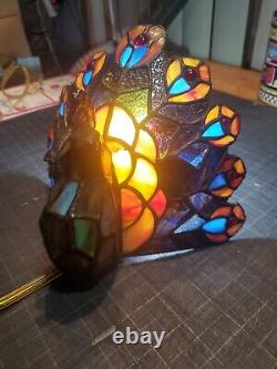 Vintage Tiffany Style Stained Glass Peacock Accent Table Light Lamp Read